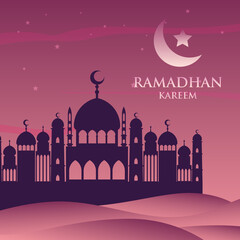 Beautiful Ramadan background with a beautiful view of a mosque in the desert. crescent moon islamic design