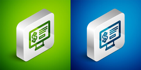 Isometric line Monitor with dollar icon isolated on green and blue background. Sending money around the world, money transfer, online banking, financial transaction. Silver square button. Vector