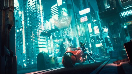 Police robots are slowly approaching the cyber girl standing next to her futuristic motorcycle. View of an future fiction city. 3D Rendering. © designprojects