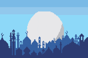 Pixel art ramadan background with mosque building shadows, blue sky and very beautiful moon
