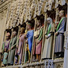 Sculptures of seven martyrs by Rory Young in the nave screen in St Albans Cathedral. England, UK.