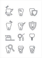 Teeth medicine and dentist thin icons vector set