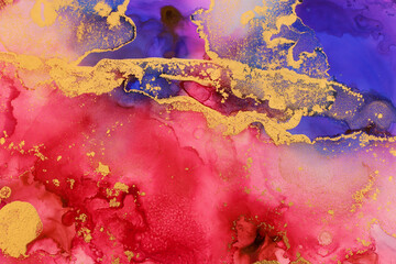 art photography of abstract fluid art painting with alcohol ink, blue, red and gold colors