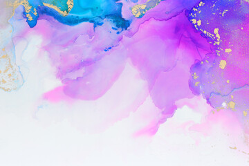 art photography of abstract fluid art painting with alcohol ink, blue, pink, purple and gold colors