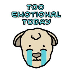 Vector isolated beige muzzle sheep has crying emotion, is upset, distressed, unable to cope with emotions, depressed, has problem, needs help. Cartoon little lamb baby face, Too emotional today text.