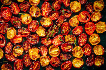 Roasted tomatoes. Roasted red and yellow cherry tomatoes with thyme on an oven tray.