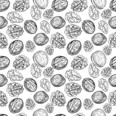 Naklejka premium Walnuts hand-drawn illustration. Natural product vegetarianism. Sketch print textile vintage plants harvest patern seamless
