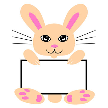 Easter bunny name frame tag for baby. Vector illustration of cute holiday rabbit in pastel colors on white. Funny spring animal with paws and ears for babysuit, tshirt, print, sticker, photo album