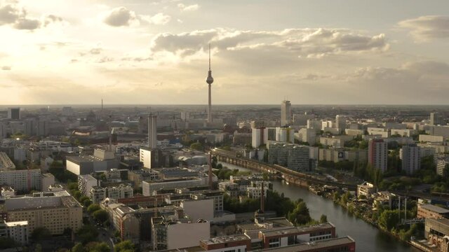 Aerial drone view of Berlin before sunset