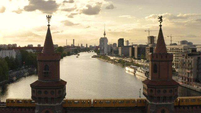 Cityscape of Berlin through Oberbaum Bridge. Aerial view
