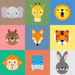 Cute lion face, tiger faced, elephant face, giraffe face, squirrel face, fox face, monkey face, hippo face, bunny face. Little in cartoon style. Vector illustration