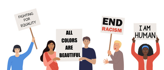People of different nationalities and cultures holding protest poster Stop racism. Race equality. African, Asian, Chinese, European, Indian ethnicity. Fight for rights. Flat Vector illustration - obrazy, fototapety, plakaty