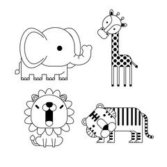Outlined cute simple cartoon animals - , tiger, giraffe, lion, elephant. Great for designing baby clothes. Vector illustration