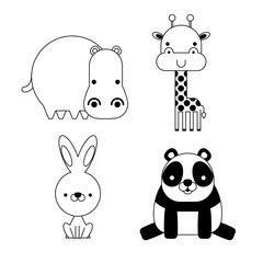 Outlined cute simple cartoon animals - Rabbit, Giraffe, Hippo, Panda. Great for designing baby clothes. Vector illustration