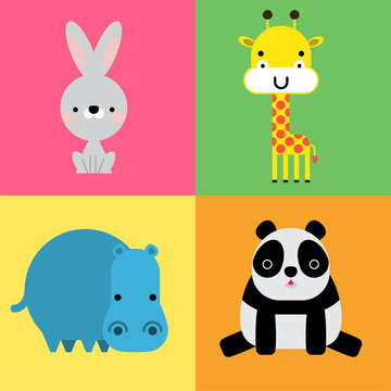 Cute simple cartoon animals - Rabbit, Giraffe, Hippo, Panda. Great for designing baby clothes. Vector illustration