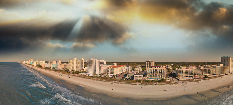 Panoramic aerial view of Myrtle Beach skylineon a sunny day from drone point of view, South Carolina
