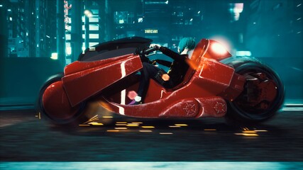 The girl of the future rides her motorcycle along the night street of the neon cyber city. View of an future fiction city. 3D Rendering. © designprojects
