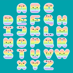 Rainbow alphabet set smiling face with eyes and mouth on pink background. Colorful ABC design for book cover, poster, card, print on baby's clothes, pillow etc. Vector illustration.