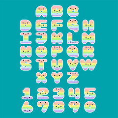 Rainbow alphabet set smiling face with eyes and mouth on pink background. Colorful ABC design for book cover, poster, card, print on baby's clothes, pillow etc. Vector illustration.