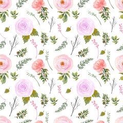 Romantic red purple rustic floral seamless pattern