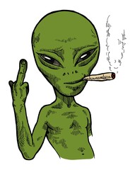 Green alien smoking weed joint and showing a finger. Funny space character illustration. - obrazy, fototapety, plakaty