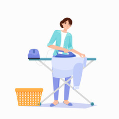 Steam generator. Woman irons a shirt on an ironing board.