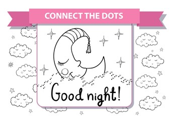 Cute cartoon sleeping crescent. Dot to dot educational game for kids. Printable worksheet. A4 landscape page. Good night