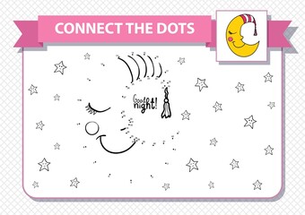 Cute cartoon sleeping crescent. Dot to dot educational game for kids. Printable worksheet. A4 landscape page. Good night