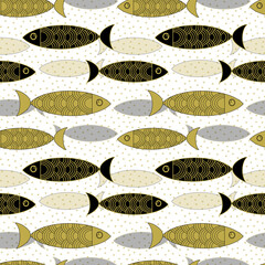 Creative gold and black fish on a white background. Kawaii marine seamless pattern for fabric, paper, packaging, design, interior, kids decor. 