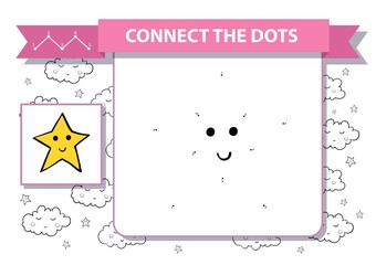 Cute cartoon star. Dot to dot educational game for kids. Printable worksheet. A4 landscape page. Good night