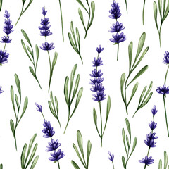 Seamless pattern with purple lavender and green leaves. Spring tender background with lilac flowers. Suitable for prints, textiles, fabrics, paper, etc.