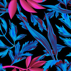 Colourful Seamless Pattern with tropic flowers and leaves. Hi quality fashion design. Fresh and unique botanical background