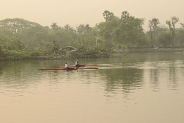 Fototapeta na wymiar rowers rowing boats in the morning at rabindra sarobar lake, kolkata, west bengal, india