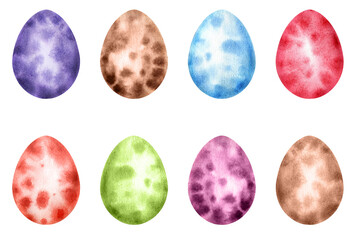 Multicolored Easter eggs for the Easter celebration. Watercolor illustration of bird eggs. Set of elements on white background