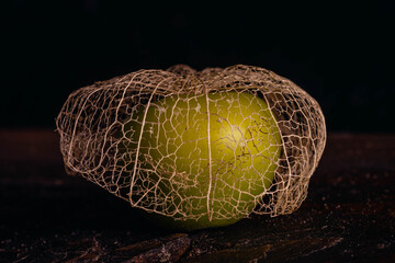 macro close-up of green tomato with dry skin or shell skeleton on wooden base