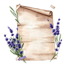 Watercolor painted parchment with a bouquet of purple lavender. Craft poster. Great for text decoration, postcards, invitations.
