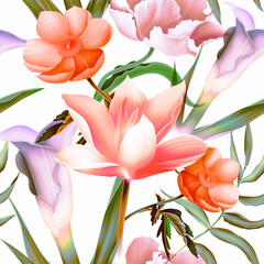 Colourful Seamless Pattern with tropic flowers and leaves. Hi quality fashion design. Fresh and unique botanical background