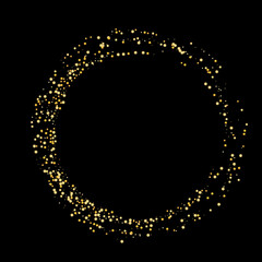 Gold glitter confetti on black background, frame. Zen. Scattered with shiny particles, sand. Decorative element. Luxury background for your design, greeting cards, invitations, vector