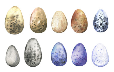 Watercolor set of colored Easter eggs on a white background. Ideal for invitations, cards, greetings. High quality illustration