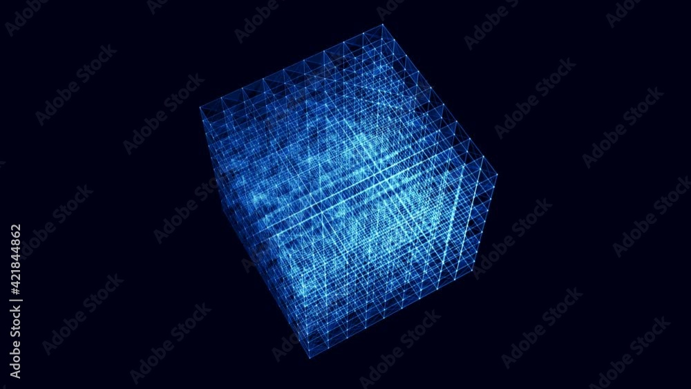 Poster digital cubes connected blue. 3d cubes network dark background. technology futuristic animation seam