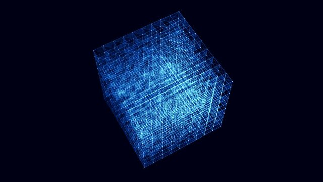 Digital cubes connected blue. 3d cubes network dark background. Technology futuristic animation seamless loop 4k.