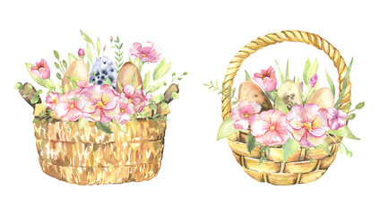 Fototapeta na wymiar Happy Easter baskets with natural eggs and spring flowers. Hand drawn watercolor illustration isolated on white background. High quality illustration