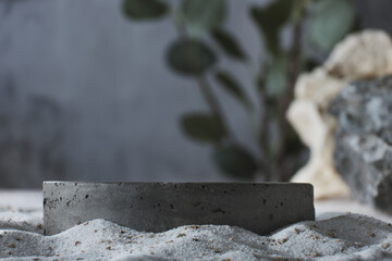 Background for cosmetic products grey concrete scene with geometric shape and natural rocks and...