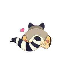 Lying Raccoon in Cartoon style, back of Raccoon, stripped tail and heart on white isolated background, vector animal, concept of Nature and Fauna, Animals and Pets, Hobby and Relax.