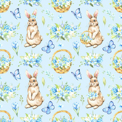 Watercolor Easter seamless pattern with baskets, bunny and flowers. Cute cartoon illustrations. Perfect for invitations and gift wrapping. High quality illustration