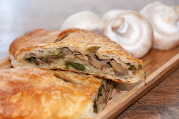 Vegatarian pies with champignons on a background of mushrooms, delicious tasty buns, freshly baked, close-up view.