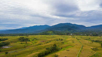Fototapeta na wymiar Aerial view of a small village with mountain ranges and vast rice fields