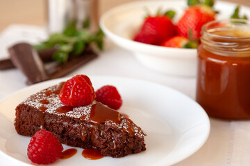 chocolate cake with raspberries and strawberries