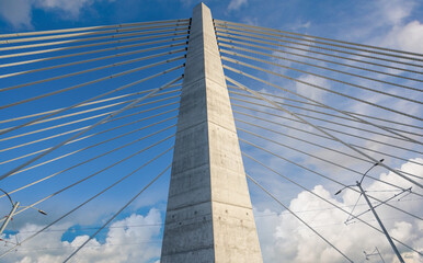 Looking up at the central tower of the cable stayed Tilikum bridge over the Willamette River in Portland Oregon