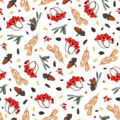 Pattern of forest fruits and berries: mountain ash, ash fruit, seeds, acorns.